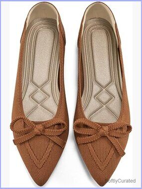 Pointed Toe Ballet Flats with Bow, Memory Foam Insole, Slip-On Work Shoes